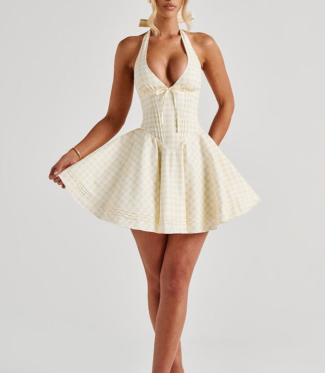 Vestido mini halter de verano con escote pronunciado de cuadros para mujer
