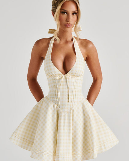 Vestido mini halter de verano con escote pronunciado de cuadros para mujer