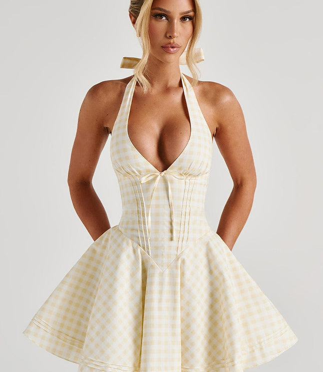 Vestido mini halter de verano con escote pronunciado de cuadros para mujer