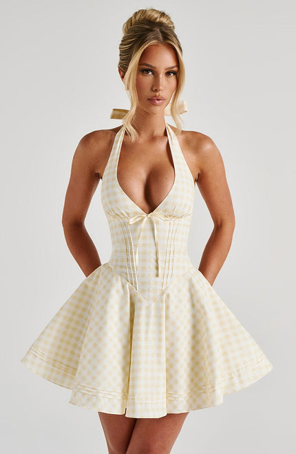 Vestido mini halter de verano con escote pronunciado de cuadros para mujer