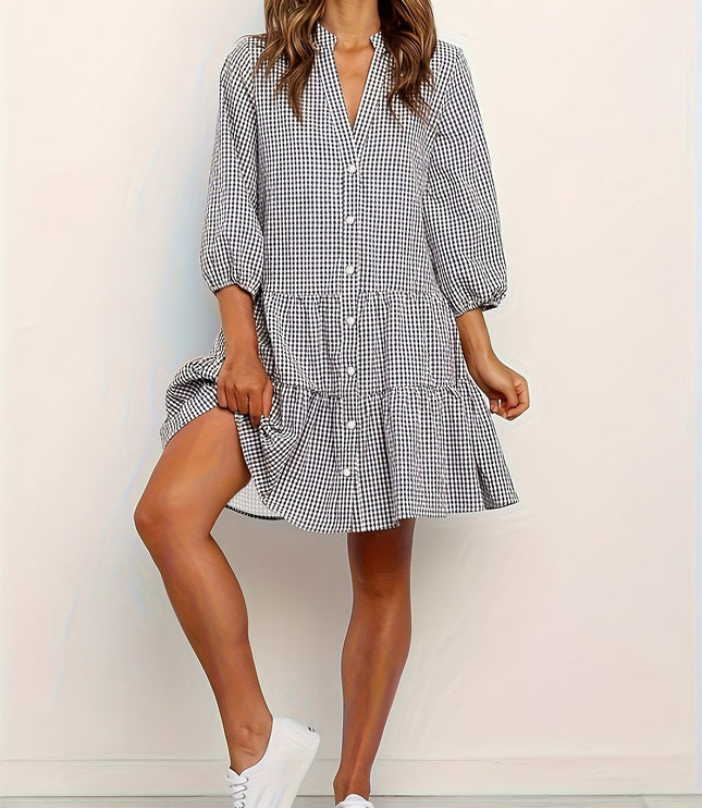 Black gingham V neck mini dress with long puff sleeves and button front detail