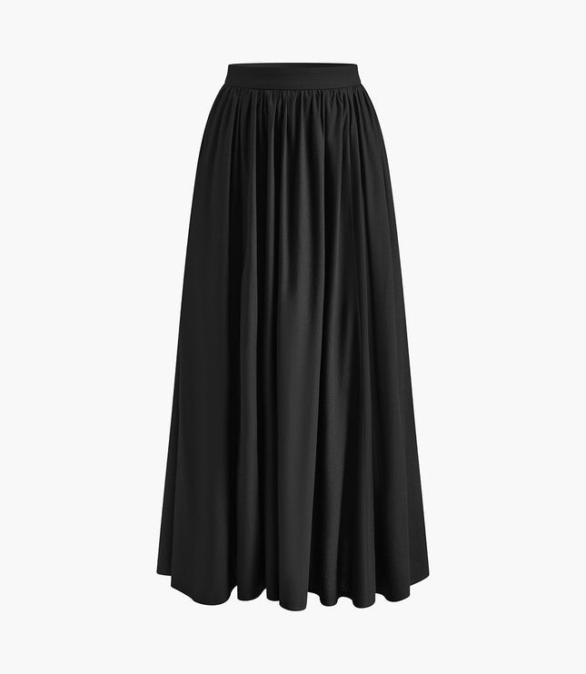 Black pleated maxi skirt on white background with high waist and full-length silhouette