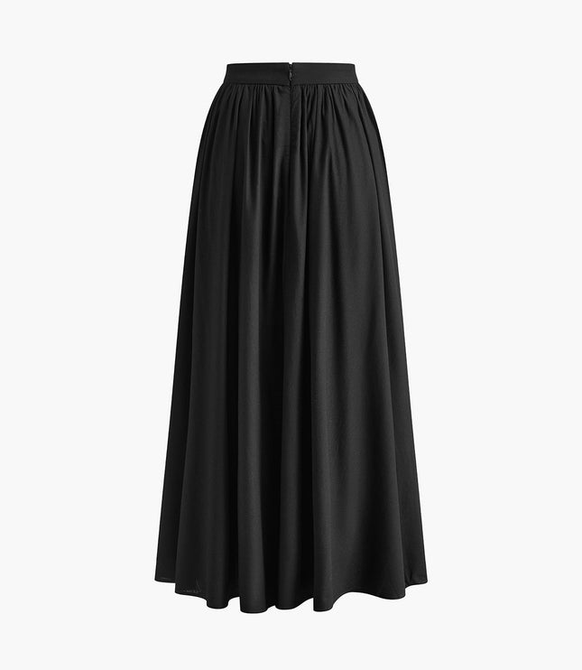 Black high waisted pleated maxi skirt with full flowy silhouette and fitted waistband