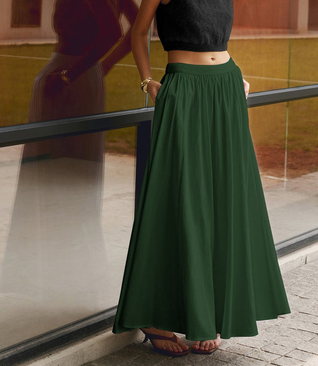 Dark green high waisted pleated maxi skirt with wide drape and side pockets