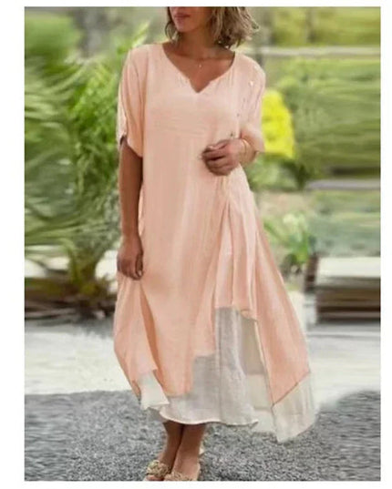 Peach and cream layered v-neck midi dress with soft flowing layers