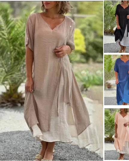 Taupe layered v-neck midi dress shown in multiple color options and angles