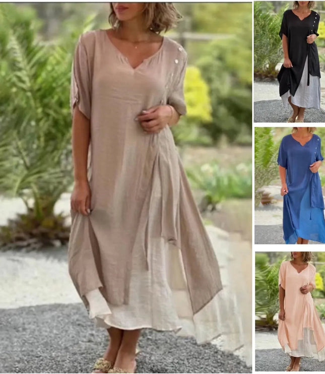 Taupe layered v-neck midi dress shown in multiple color options and angles
