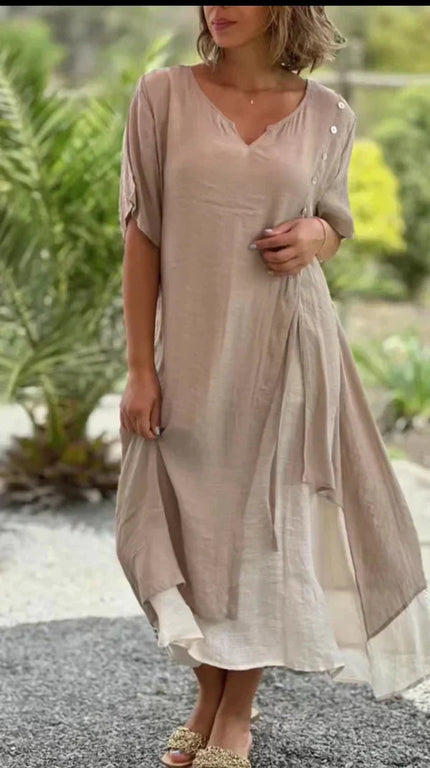 Taupe layered v-neck midi dress with short sleeves and white underlay