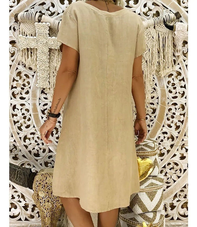 Back view of beige women's summer linen mini dress with short sleeves and straight hem