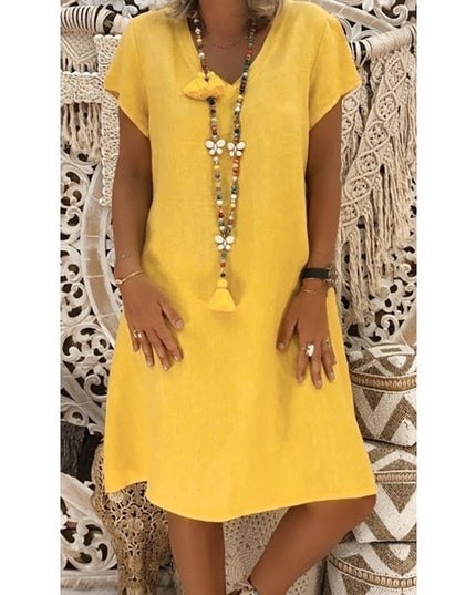 Yellow women's summer linen V neck mini dress with short sleeves and loose A line shape