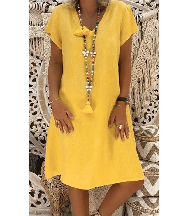 Yellow women's summer linen V neck mini dress with short sleeves and loose A line shape