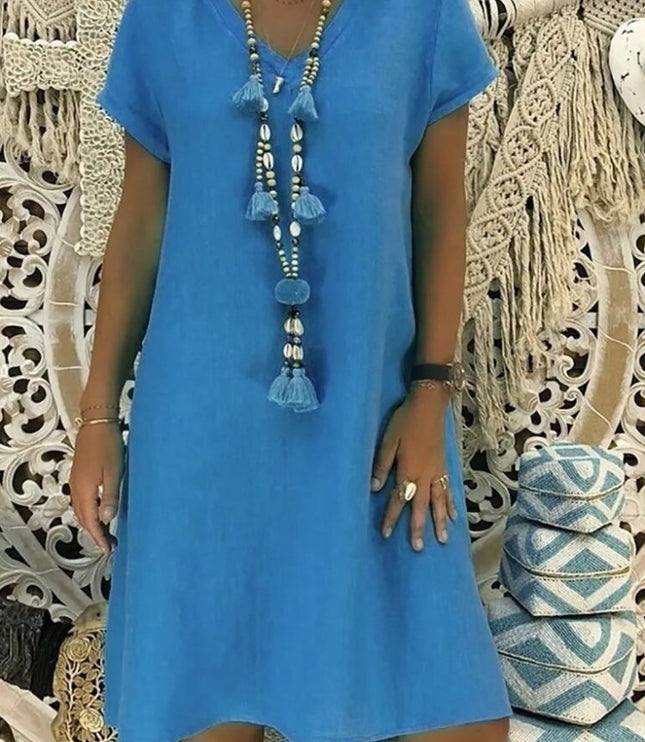 Blue linen V neck A line mini dress with short sleeves and breezy casual style
