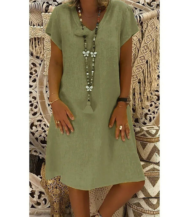 Olive green women's summer linen mini dress with V neck, short sleeves, and soft drape