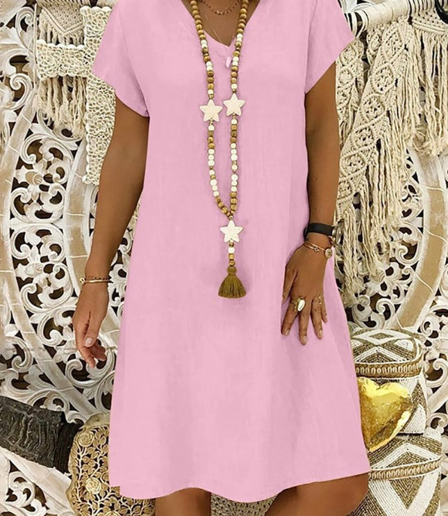 Pink linen V neck A line mini dress with short sleeves and relaxed summer silhouette