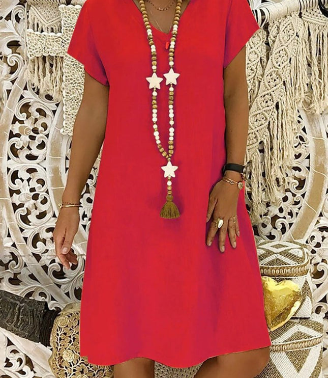 Red women's summer linen V neck mini dress with short sleeves and easy A line cut