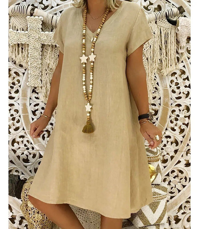 Beige linen V neck A line mini dress with short sleeves and relaxed summer fit
