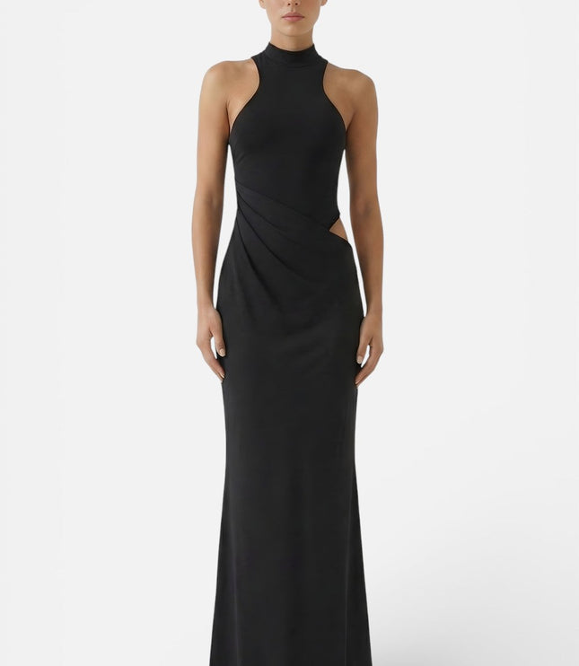 Front view of black halter cut out dress with sleek long maxi skirt