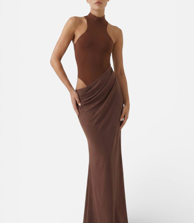 Brown halter maxi dress with side cut out and softly draped wrap skirt