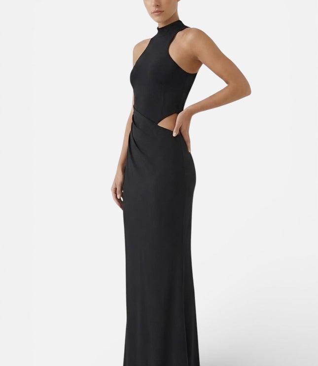 Black halter maxi dress with side cut outs and fitted floor-length silhouette