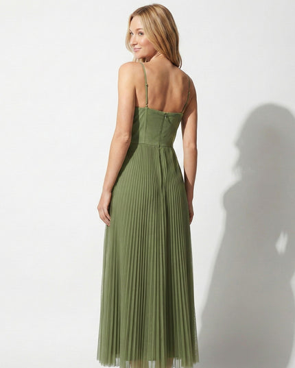 Back view of olive green summer midi dress with thin straps and pleated skirt