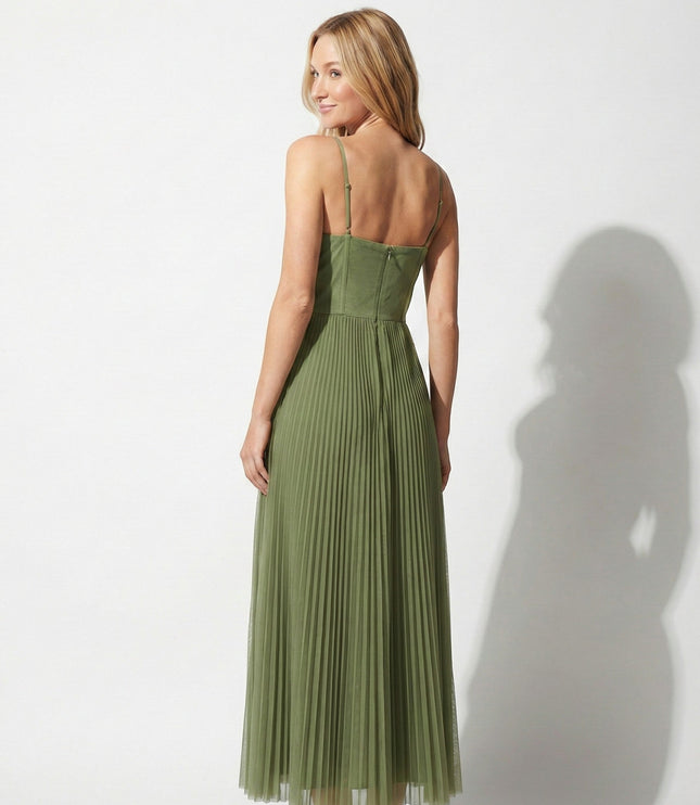 Back view of olive green summer midi dress with thin straps and pleated skirt