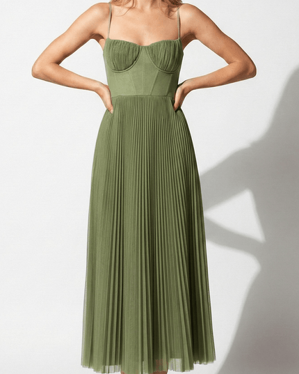 Front view of olive green pleated midi dress with corset-style bodice and straps