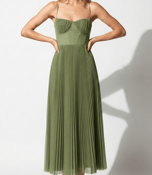 Front view of olive green pleated midi dress with corset-style bodice and straps