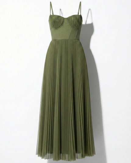 Olive green sleeveless midi dress shown full length with fitted bodice and flowing pleats