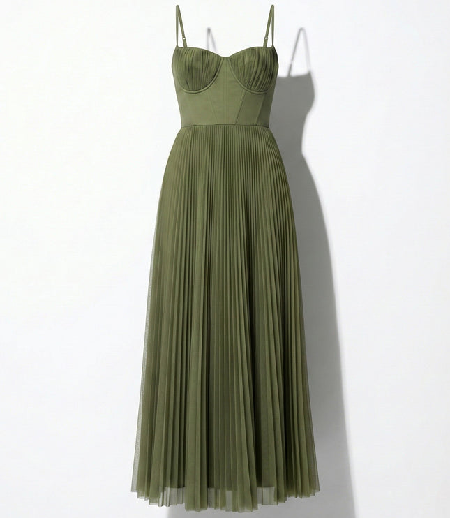 Olive green sleeveless midi dress shown full length with fitted bodice and flowing pleats