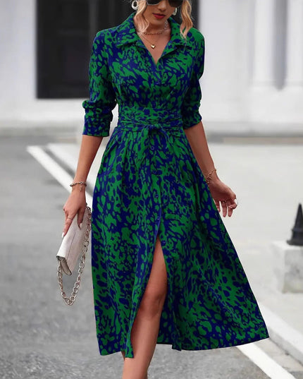 Green and navy leopard print wrap midi dress with collar and three-quarter sleeves