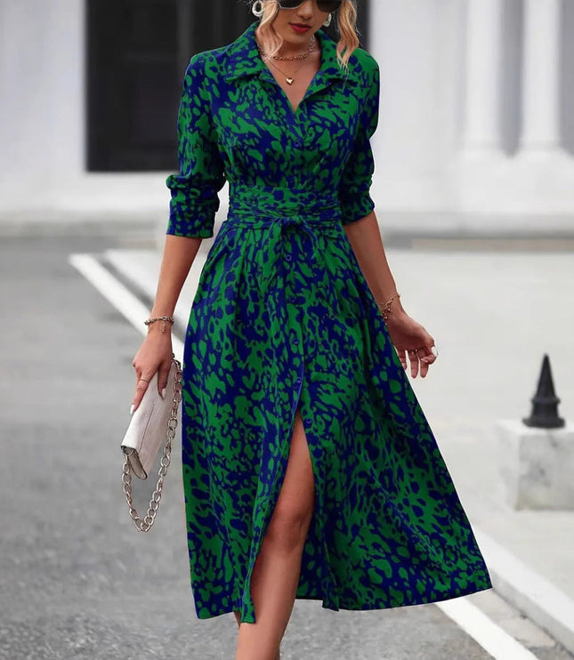 Green and navy leopard print wrap midi dress with collar and three-quarter sleeves