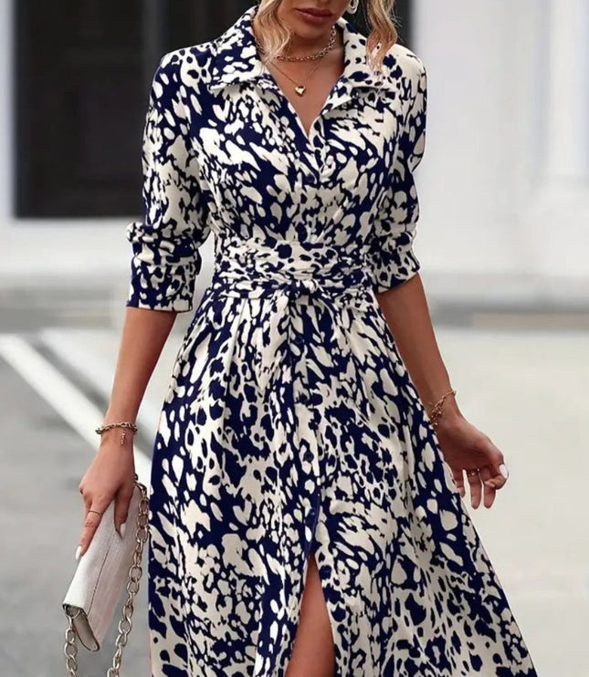 Navy and cream leopard print wrap midi dress with half sleeves and tie closure
