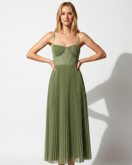Olive green midi dress with spaghetti straps, ruched bust, and pleated skirt