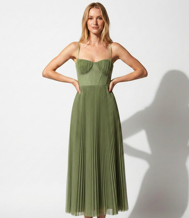 Olive green midi dress with spaghetti straps, ruched bust, and pleated skirt