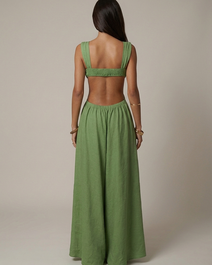 Vestido maxi verde oliva de verano con escote en V para invitada de boda mujer