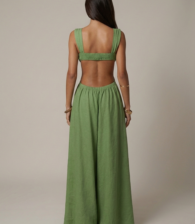 Vestido maxi verde oliva de verano con escote en V para invitada de boda mujer
