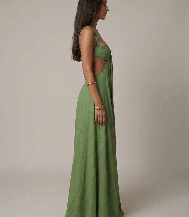 Vestido maxi verde oliva de verano con escote en V para invitada de boda mujer