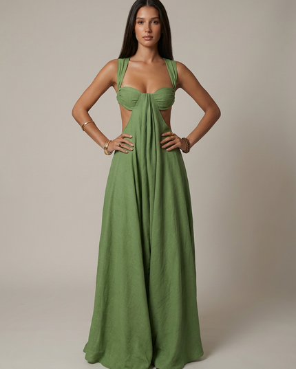 Vestido maxi verde oliva de verano con escote en V para invitada de boda mujer