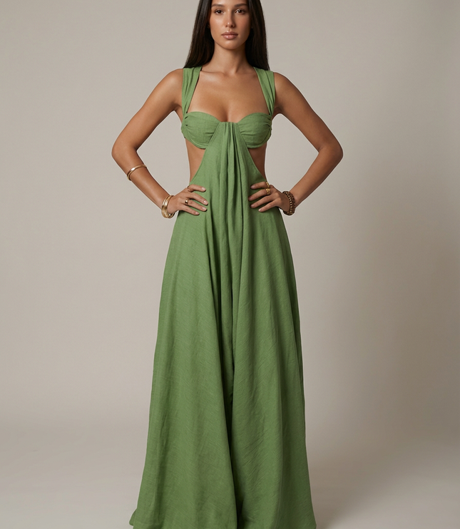 Vestido maxi verde oliva de verano con escote en V para invitada de boda mujer