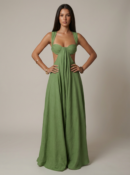 Vestido maxi verde oliva de verano con escote en V para invitada de boda mujer