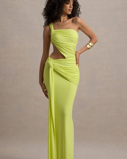 Lime green one shoulder maxi dress with side cutout and draped ruched bodice