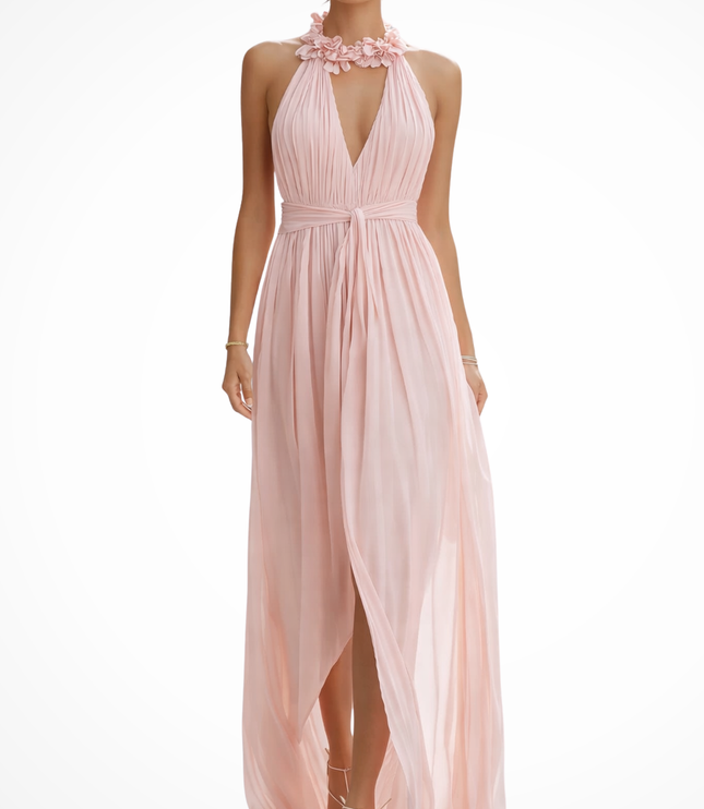Pink halter neck pleated maxi dress with floral neckline and tie waist, full length