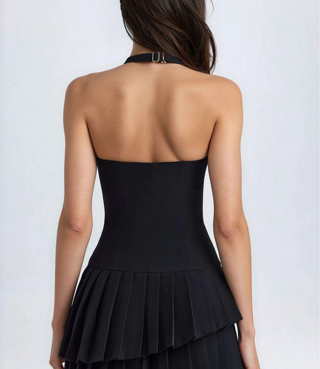 Vestido mini de cóctel negro plisado halter de verano para mujer