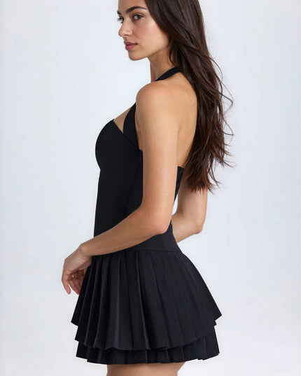 Vestido mini de cóctel negro plisado halter de verano para mujer