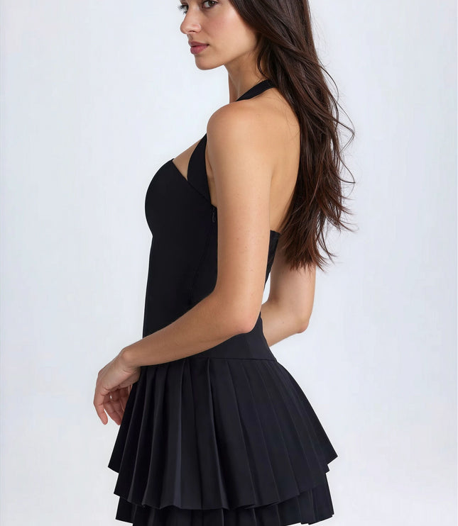 Vestido mini de cóctel negro plisado halter de verano para mujer