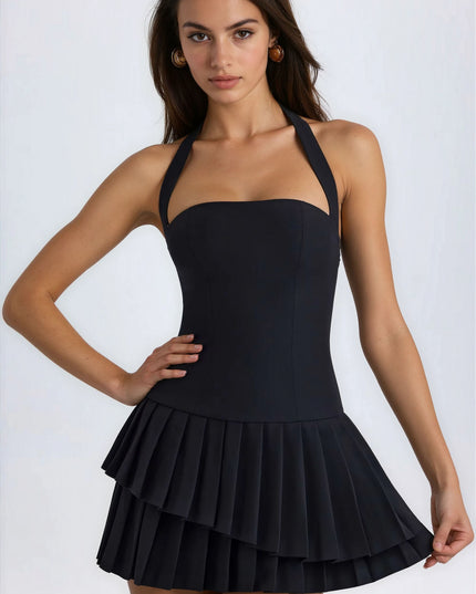 Vestido mini de cóctel negro plisado halter de verano para mujer