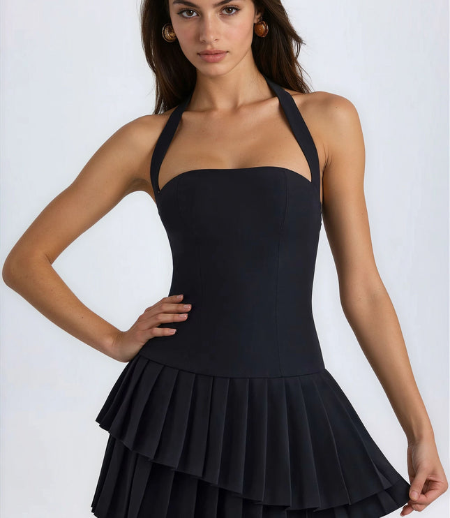 Vestido mini de cóctel negro plisado halter de verano para mujer