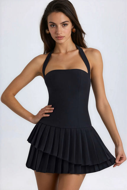 Vestido mini de cóctel negro plisado halter de verano para mujer
