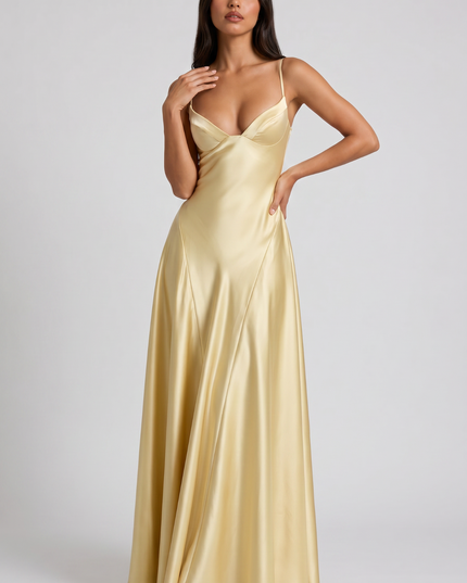 Vestido maxi de cóctel de satén con cuello halter de verano para mujer