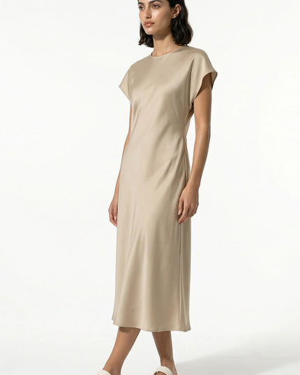 Full length beige satin midi dress with relaxed short sleeves and straight silhouette